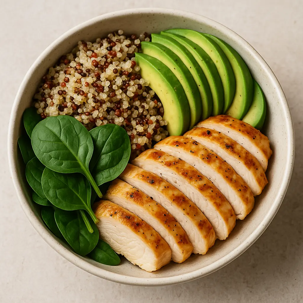 Chicken quinoa bowl with avocado and spinach